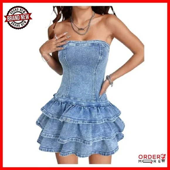 Strapless Denim Mini Dress with Layered Ruffles Slim Fit - Picture 2 of 7